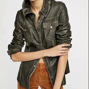 NEW $590 Free People Robin Shirt Jackett Size XS Pine Leather Jacket Z150-31